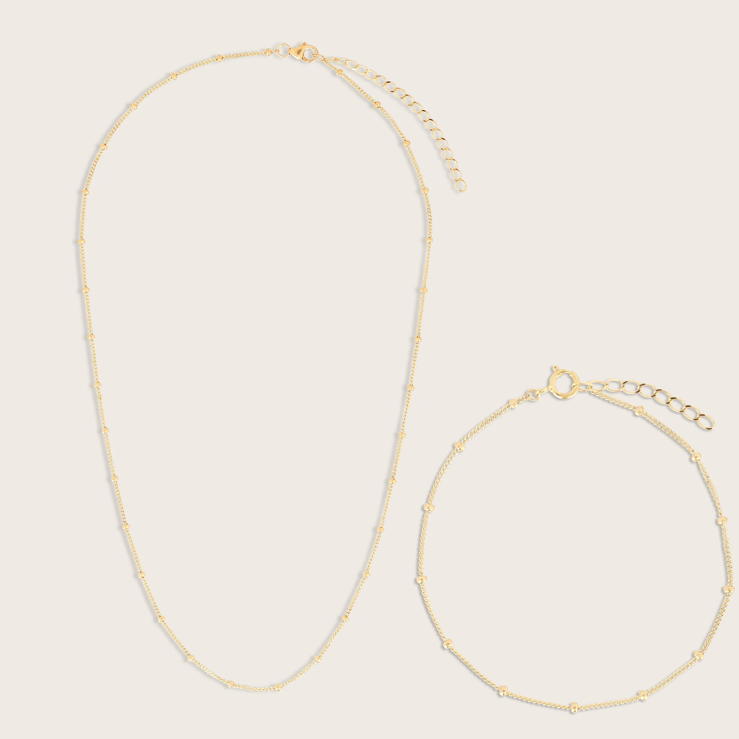 14k Yellow Gold Beaded Chain Bracelet and Necklace Set