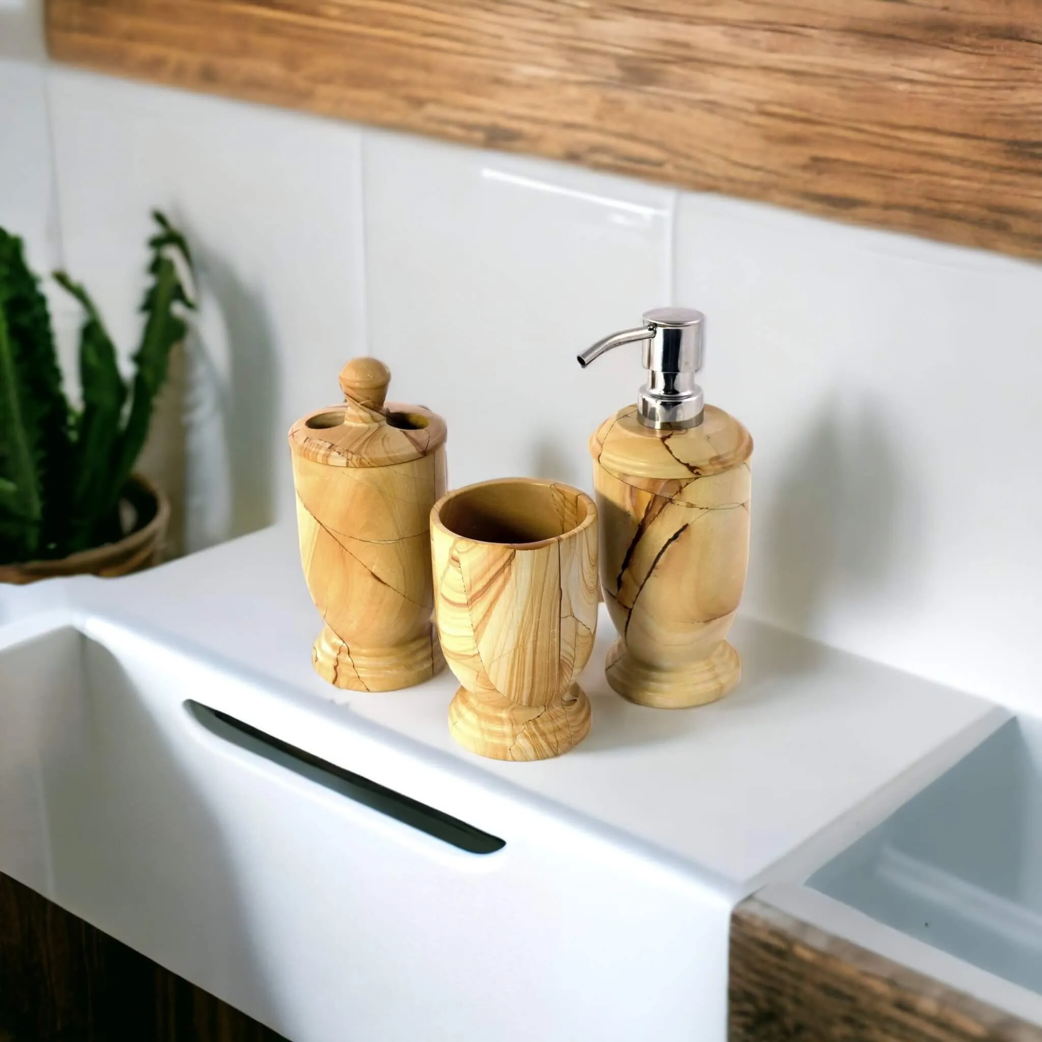 3-Piece Bathroom Accessory Set - Teak Marble