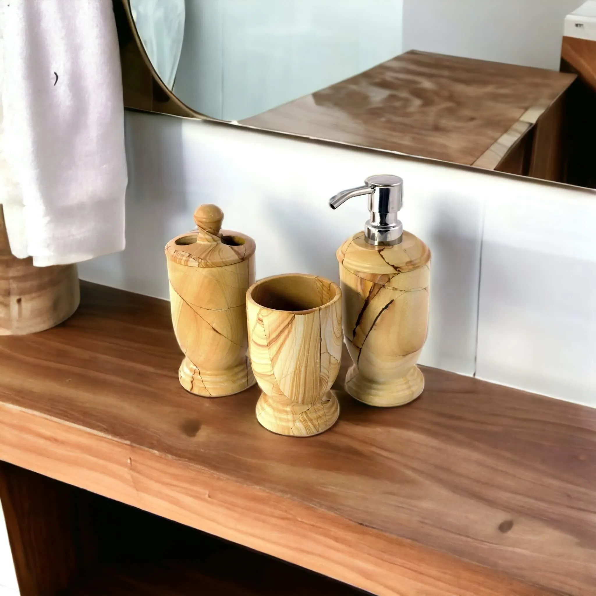 3-Piece Bathroom Accessory Set - Teak Marble