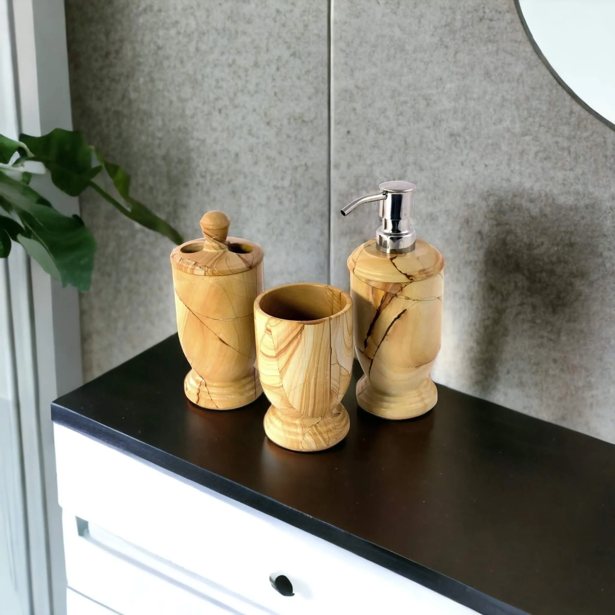 3-Piece Bathroom Accessory Set - Teak Marble