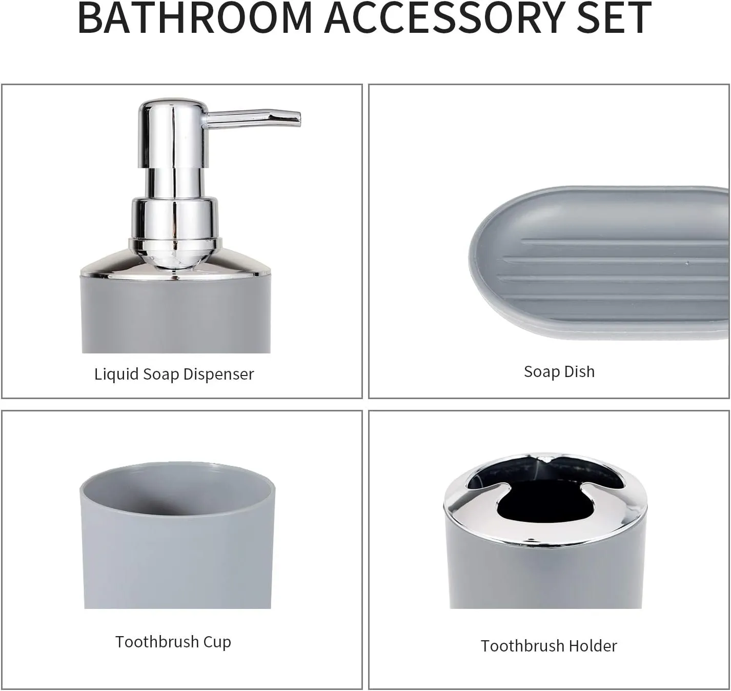 4 PCs Bath Accessories Set-1684 Plain Grey