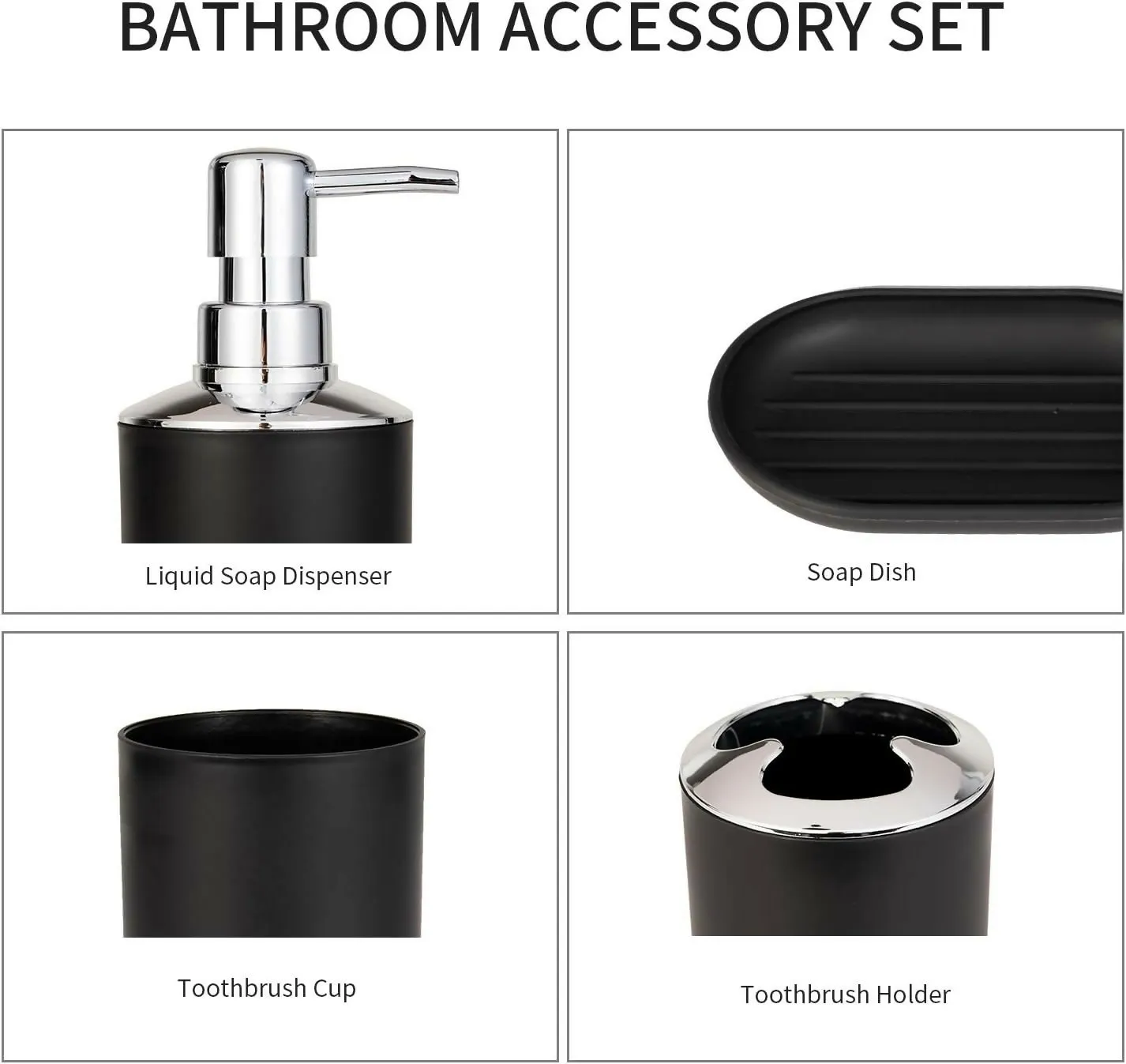 4 PCs Bath Accessories Set-1684Plain Black