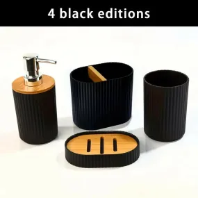 4 PCs Wooden Lid Bath Accessories Set-(2591)Black Lines