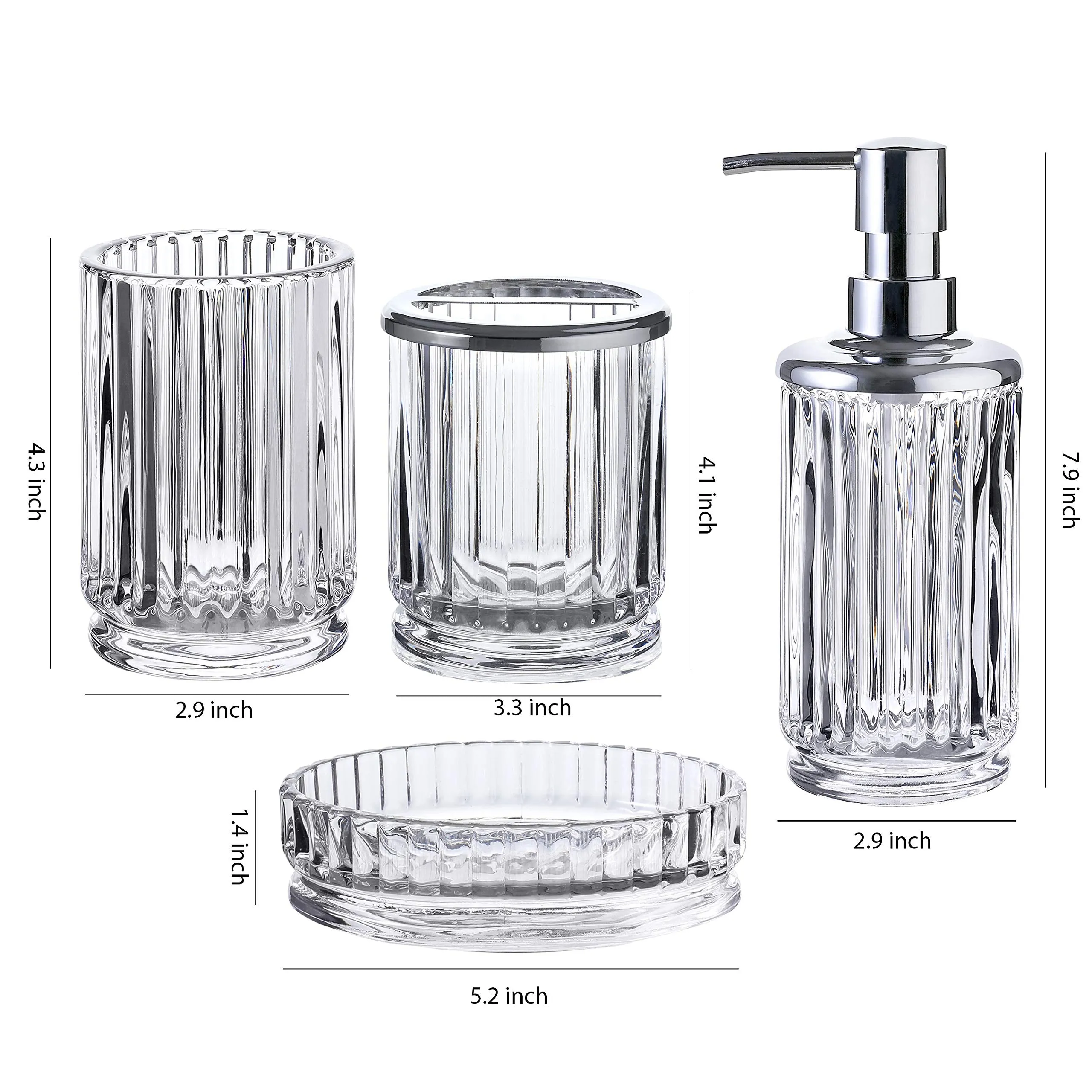 4Piece Clear Decorative Glass Bathroom Accessories Set, Soap Dispenser, Toothbrush Holder