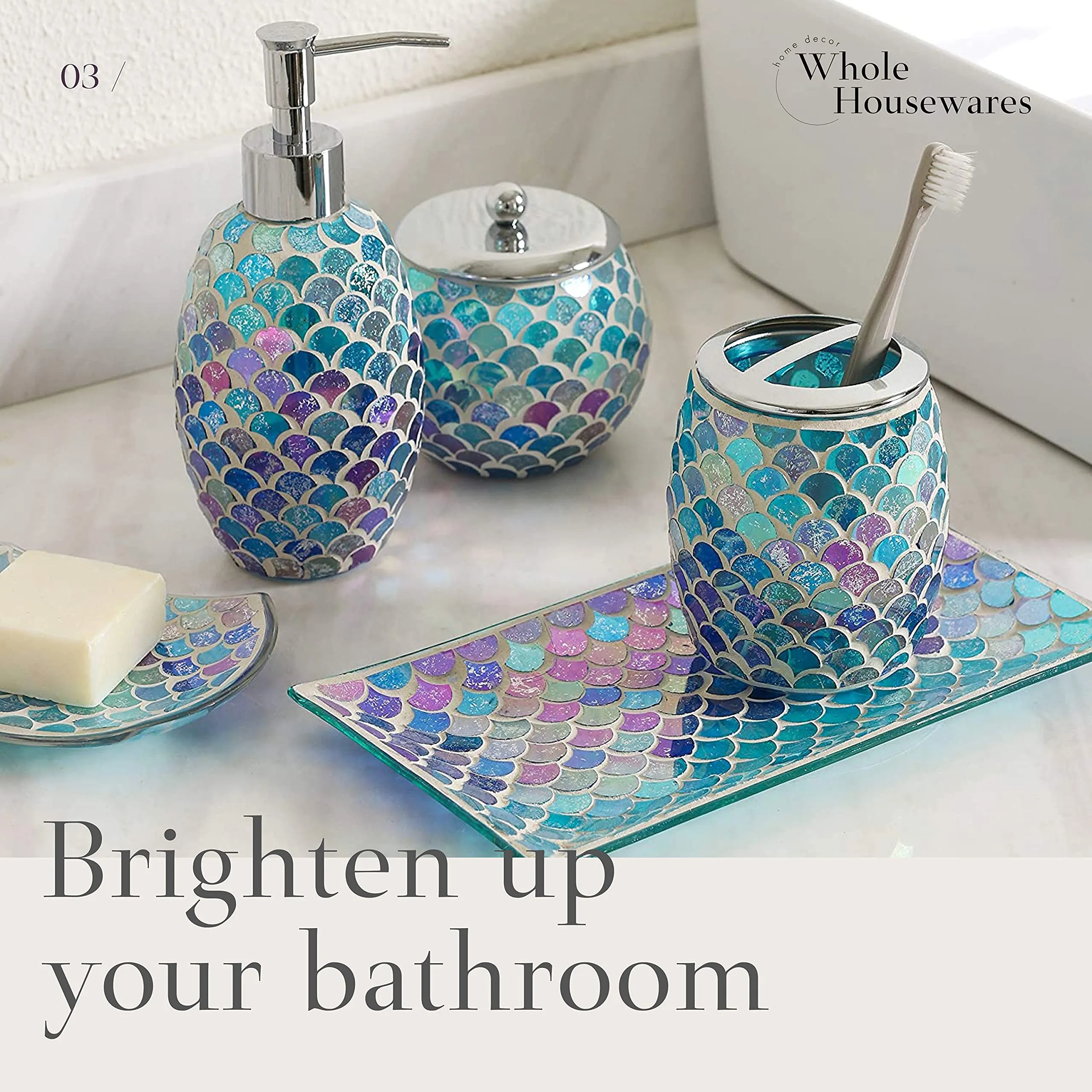 4Piece Silver Decorative Glass Bathroom Accessories Set, Soap Dispenser, Toothbrush Holder