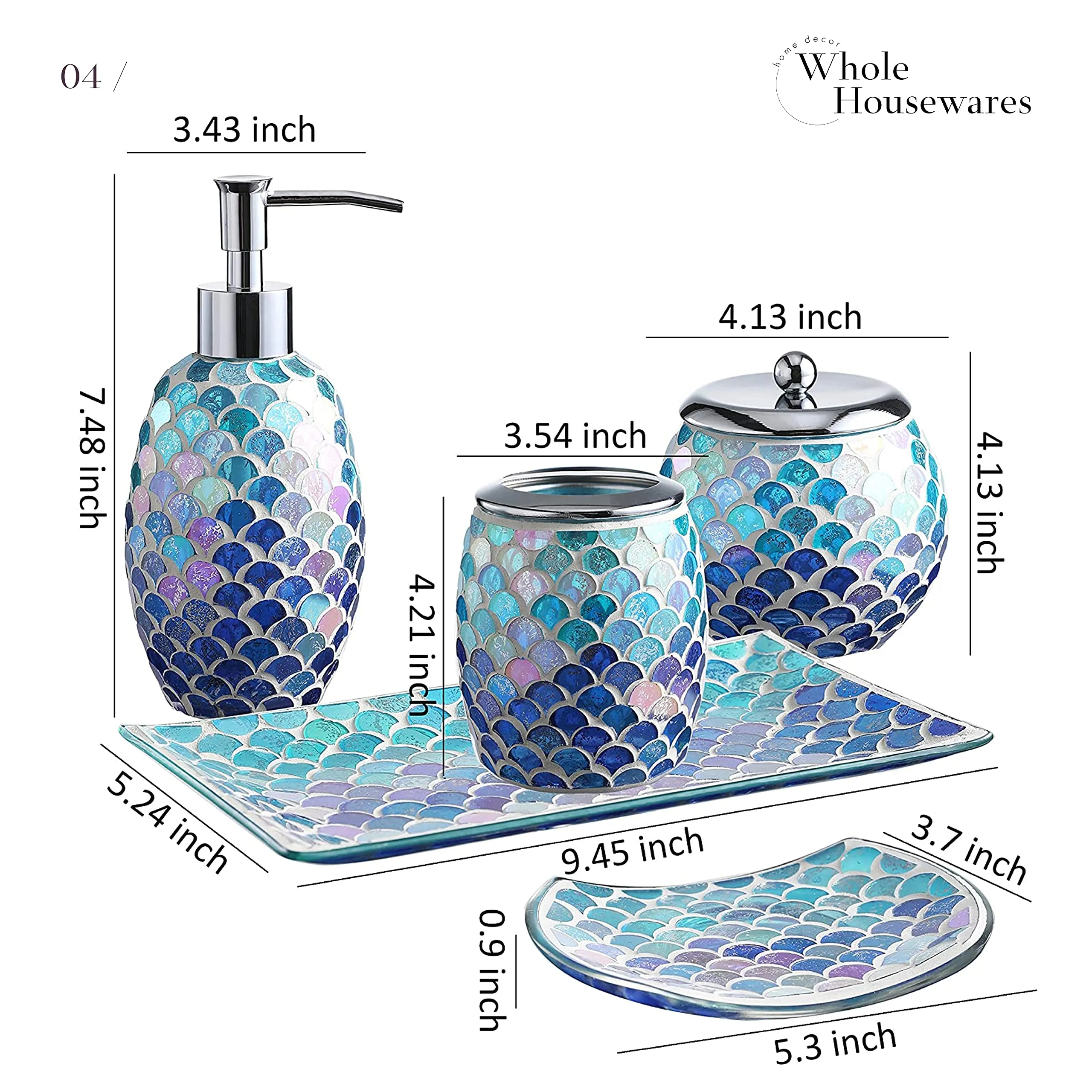 4Piece Silver Decorative Glass Bathroom Accessories Set, Soap Dispenser, Toothbrush Holder