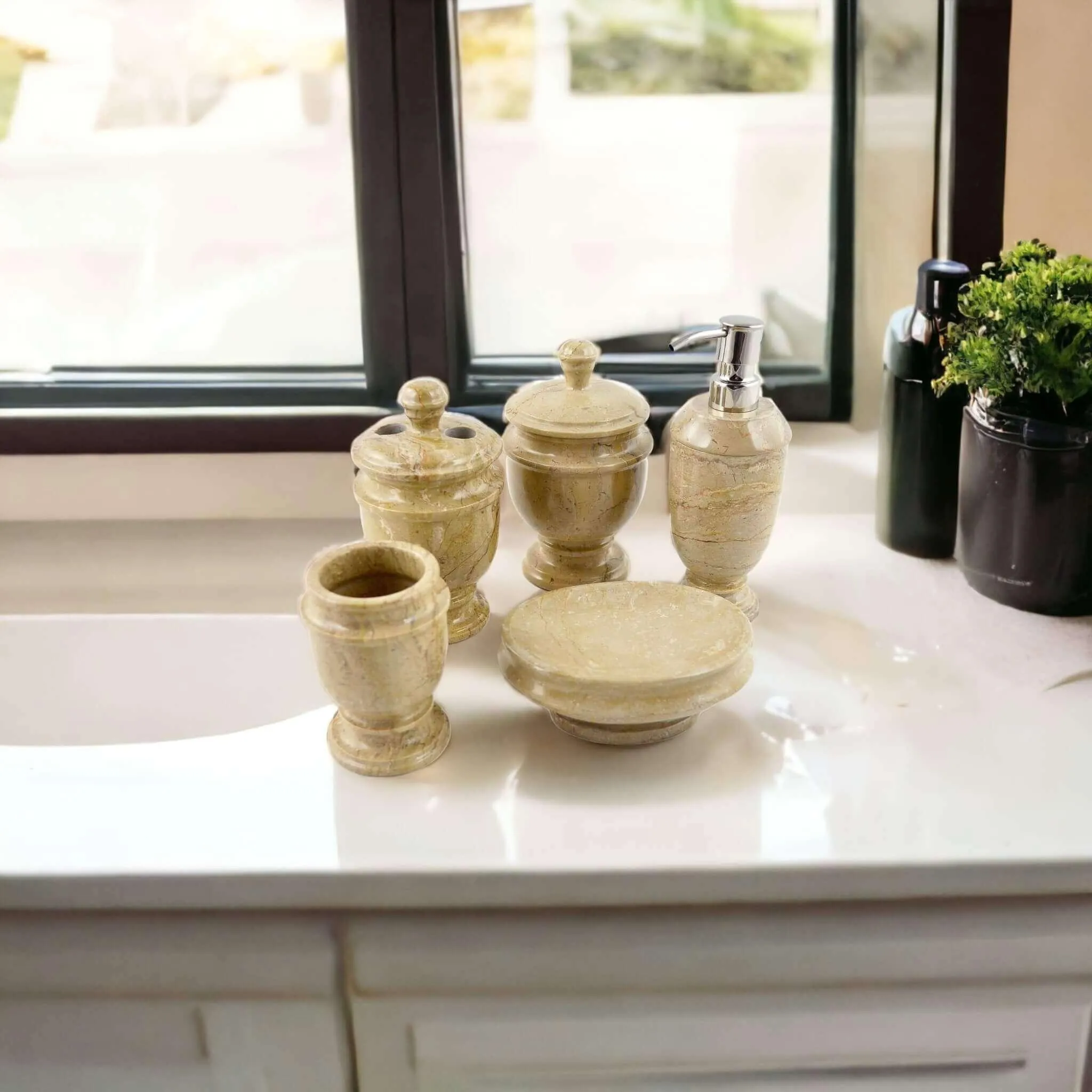 5 Piece Bathroom Set | Beige Marble