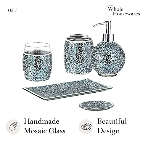 5Piece Bathroom Accessory Set, Mosaic Glass Ensemble-Soap Dispenser/Toothbrush HolderTum