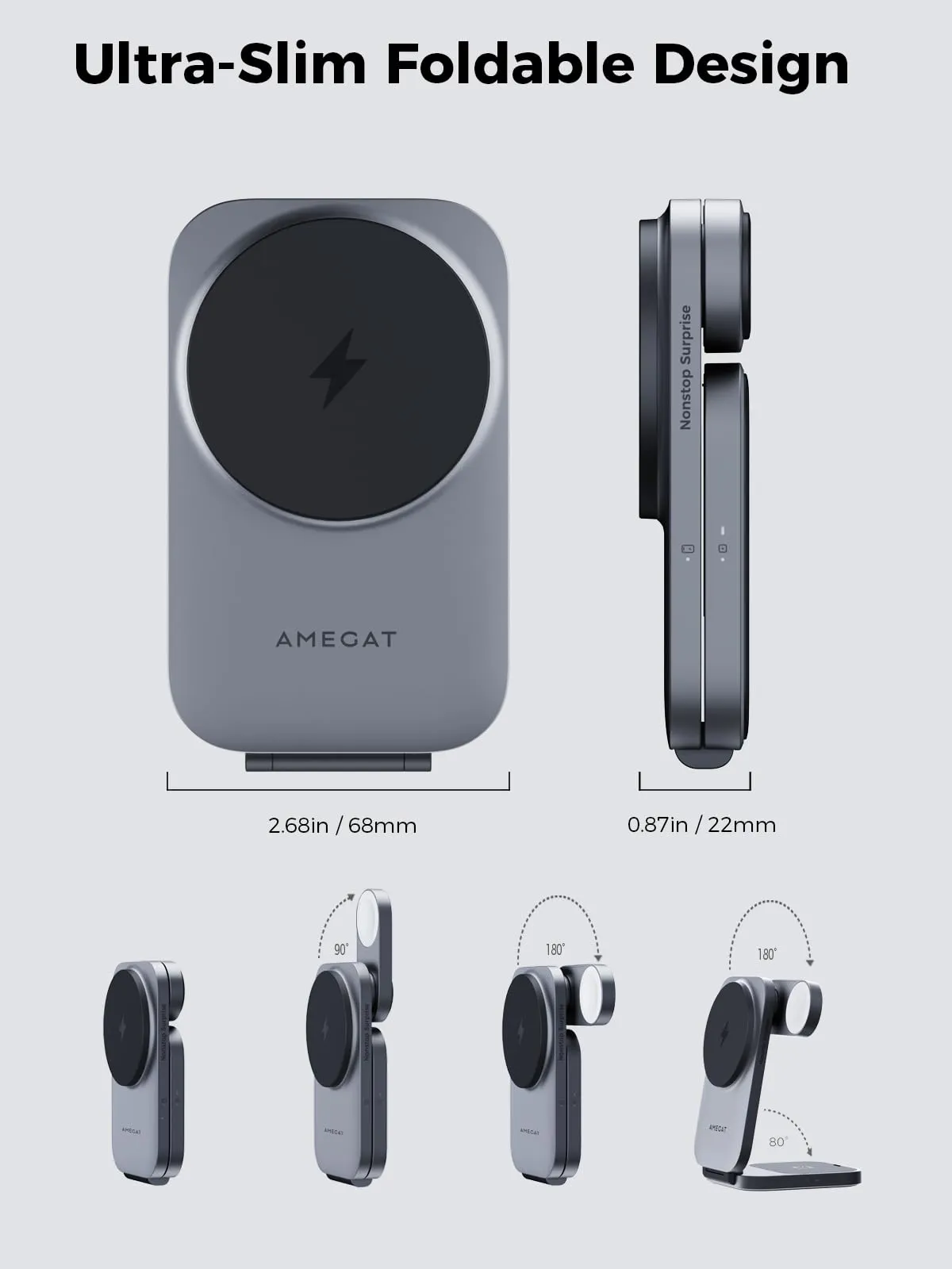 AMEGAT MagFusion Z 3-in-1 Charging Station MagSafe, Qi2 Certified 15W Wireless Charger Stand, Apple Watch Charger, for iPhone 16/15/14/13/12, AirPods, Apple Watch S9 (30W PD Charger Included)