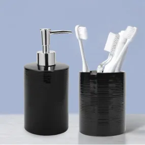 Anko Plastic Black Ribbed Stoneware Toothbrush Holder (11 X 11 X 4.8 Cm) & Liquid Soap Dispenser (350Ml) Set For Bathroom | Rust-Proof, Leak-Proof, Easy To Clean | Bathroom Sanitizer, Lotion Black