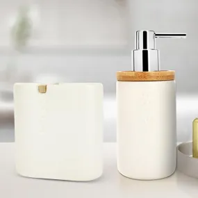 Anko Stoneware & Bamboo Toothbrush Holder (11.5 x 11 x 5 cm) & Liquid Soap Dispenser (320 mL) Set for Bathroom | Rust-Proof, Leak-Proof, Easy to Clean | Bathroom Sanitizer, Lotion Set