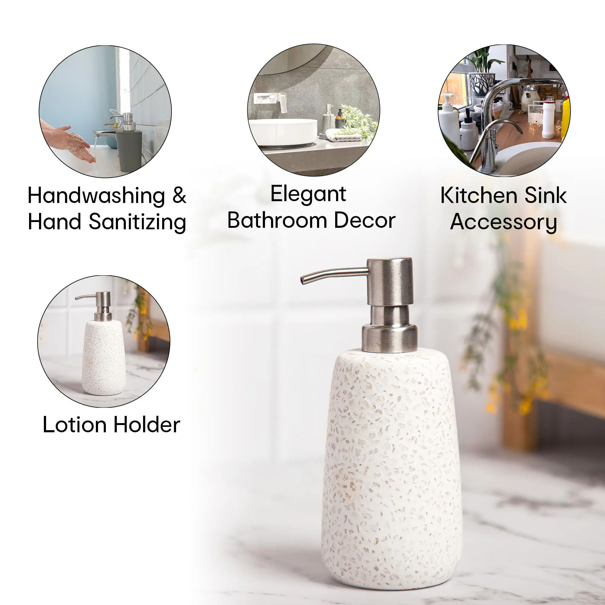 Anko Stoneware Liquid Soap Dispenser (500mL) & Toothbrush Holder Stand Set | Bathroom Organiser for Home, Office, Washroom | Bathroom Sanitizer, Lotion, Shampoo Dispenser | Bathroom Accessories, White