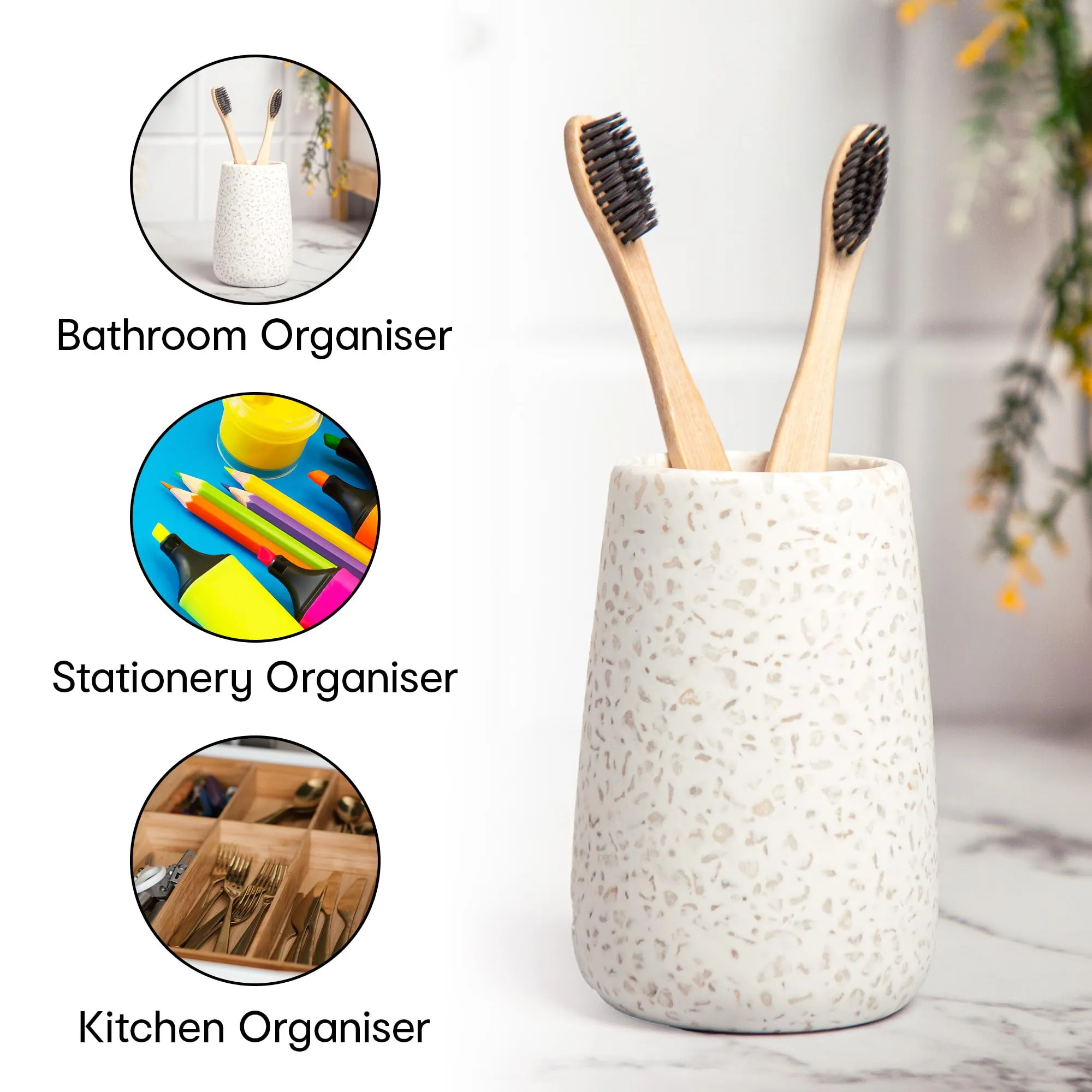 Anko Stoneware Liquid Soap Dispenser (500mL) & Toothbrush Holder Stand Set | Bathroom Organiser for Home, Office, Washroom | Bathroom Sanitizer, Lotion, Shampoo Dispenser | Bathroom Accessories, White