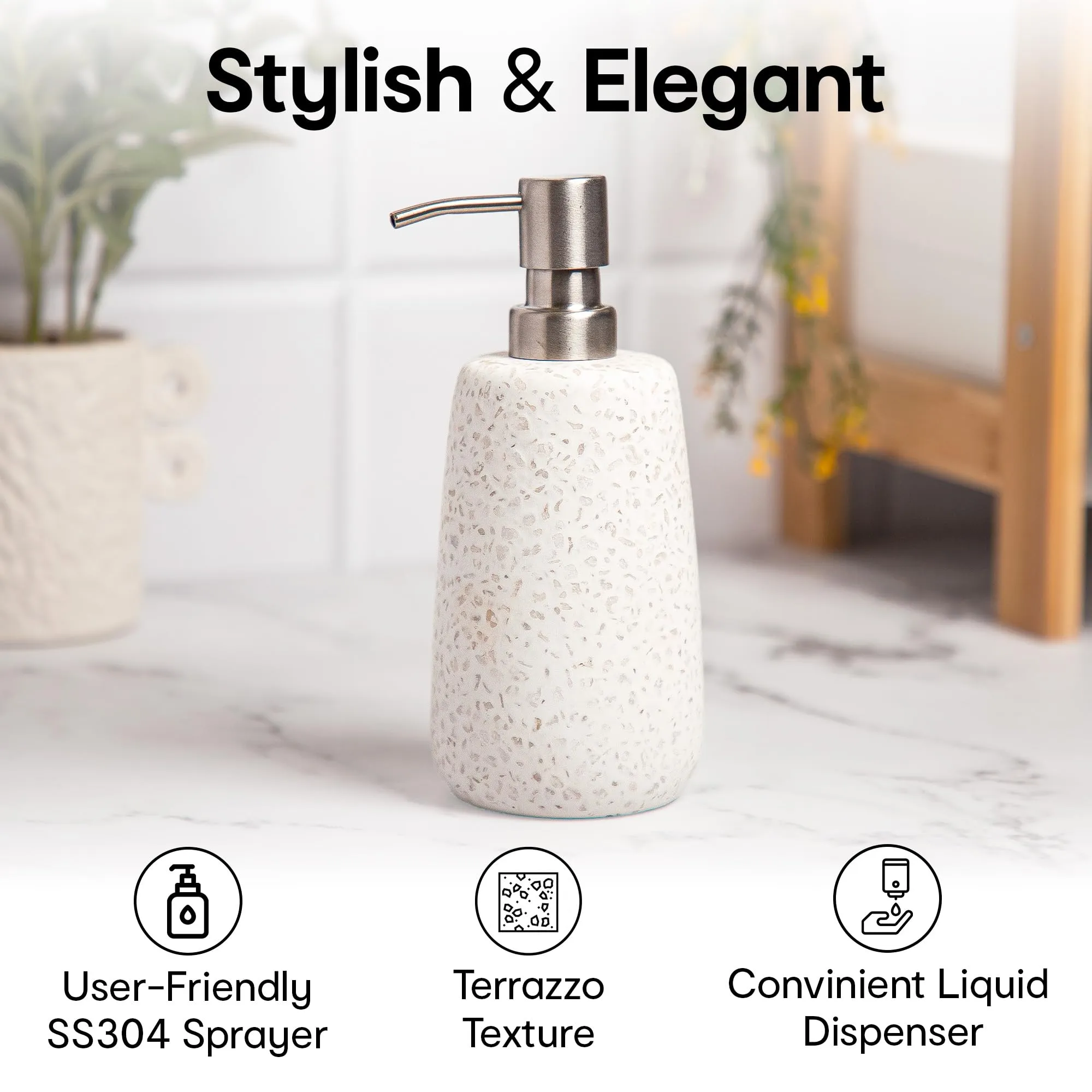 Anko Stoneware Liquid Soap Dispenser (500mL) & Toothbrush Holder Stand Set | Bathroom Organiser for Home, Office, Washroom | Bathroom Sanitizer, Lotion, Shampoo Dispenser | Bathroom Accessories, White