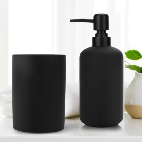 Anko Stoneware Toothbrush Holder (11.5 x 11 x 5 cm) & Liquid Soap Dispenser (400 mL) Set for Bathroom | Rust-Proof, Leak-Proof, Easy to Clean | Bathroom Sanitizer, Lotion, Shampoo Dispenser- Black