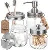 AOZITA Mason Jar Bathroom Accessories Set 4 Pcs - Mason Jar Soap Dispenser & 2 Apothecary Jars & Toothbrush Holder - Rustic Farmhouse Decor Bathroom Countertop, Vanity Organize, Brushed Nickel