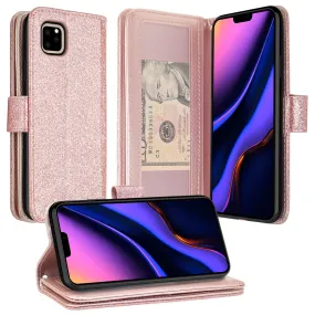 Apple iPhone 11 Pro Max Case, iPhone 11 Pro Max Case, Glitter Faux Leather Flip Credit Card Holder Wrist Strap Shockproof Protective Wallet Case Clutch for iPhone 11 Pro Max - Rose Gold