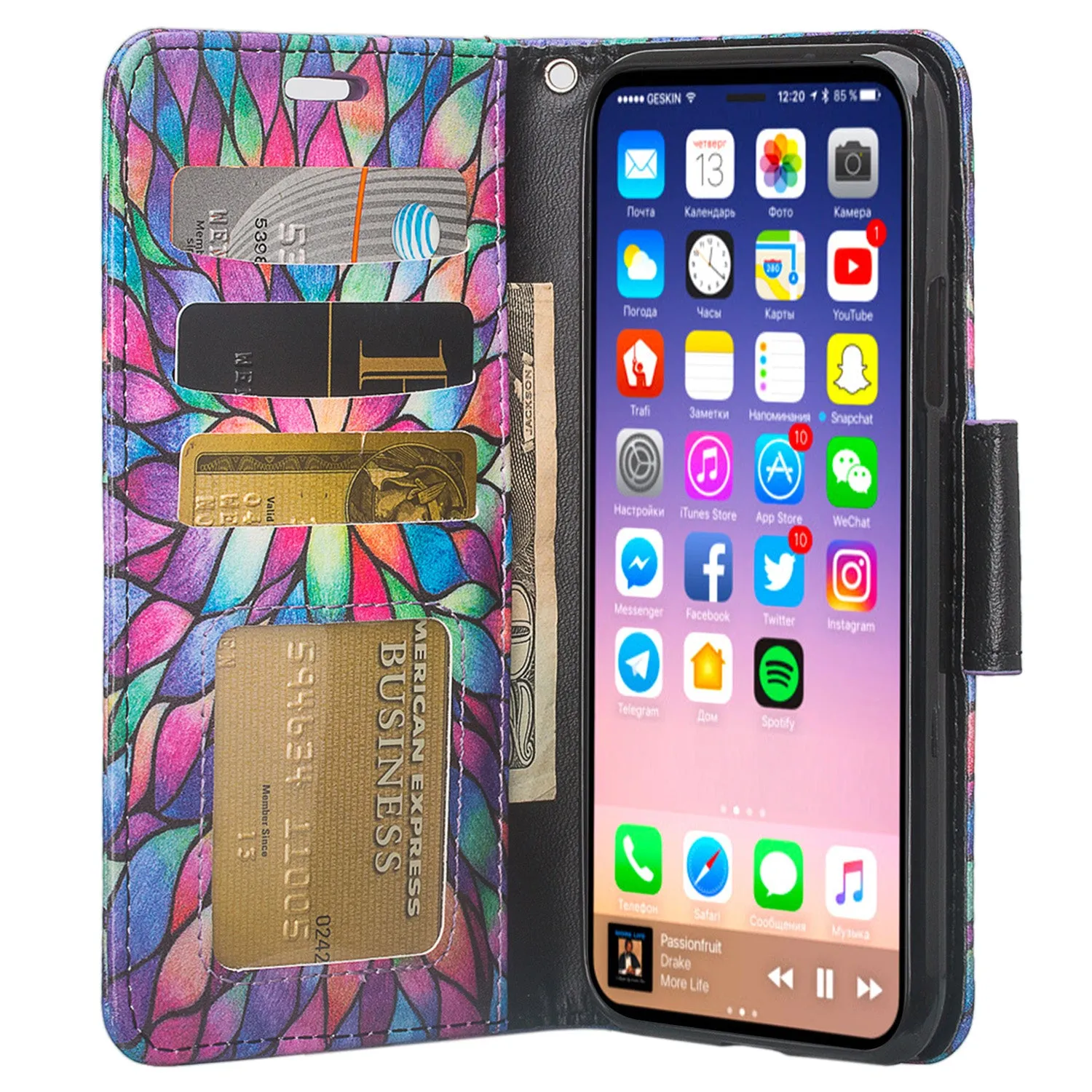 Apple iPhone ??? | iPhone Ten Case, iPhone ??? | iPhone Ten Wallet Case, Slim Flip Folio [Kickstand] Pu Leather Wallet Case with ID & Card Slots & Pocket   Wrist Strap - Rainbow Flower