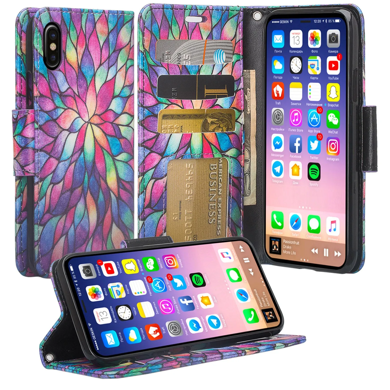 Apple iPhone ??? | iPhone Ten Case, iPhone ??? | iPhone Ten Wallet Case, Slim Flip Folio [Kickstand] Pu Leather Wallet Case with ID & Card Slots & Pocket   Wrist Strap - Rainbow Flower