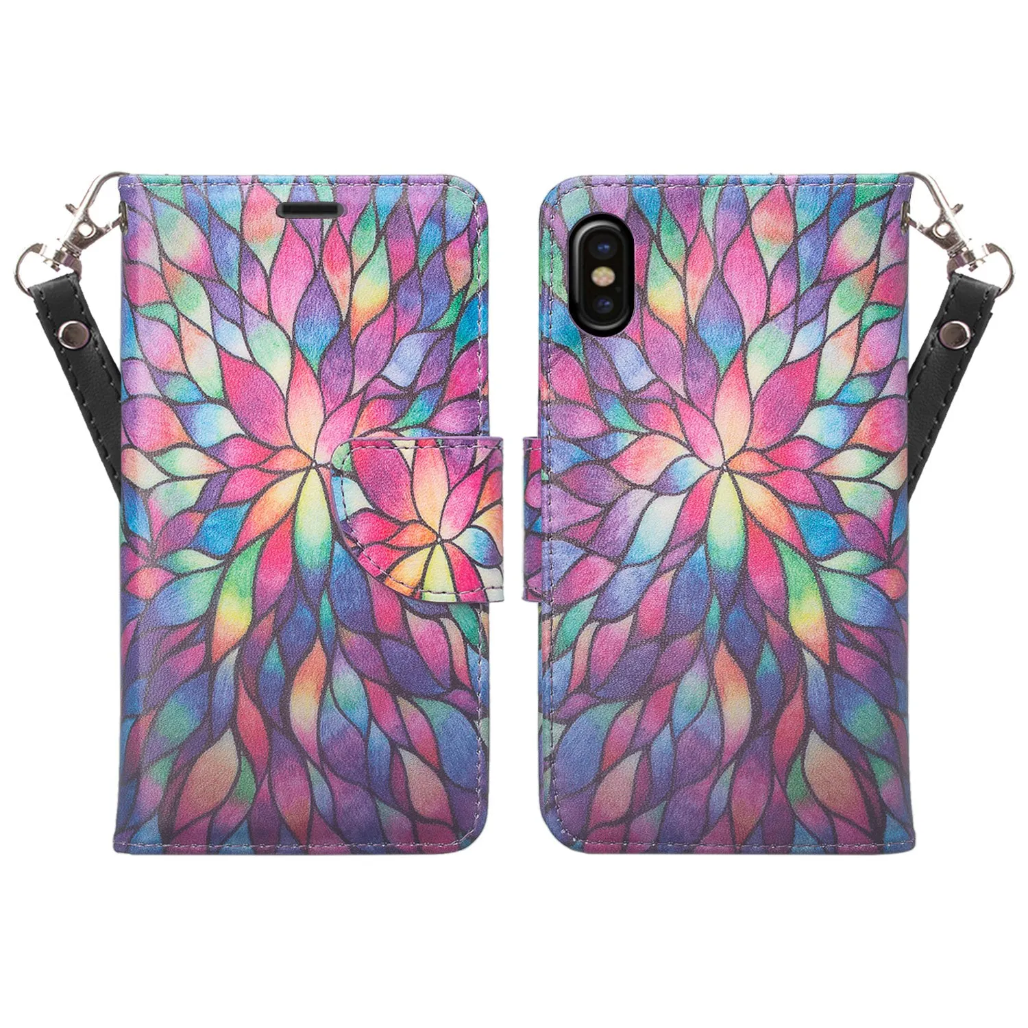 Apple iPhone ??? | iPhone Ten Case, iPhone ??? | iPhone Ten Wallet Case, Slim Flip Folio [Kickstand] Pu Leather Wallet Case with ID & Card Slots & Pocket   Wrist Strap - Rainbow Flower