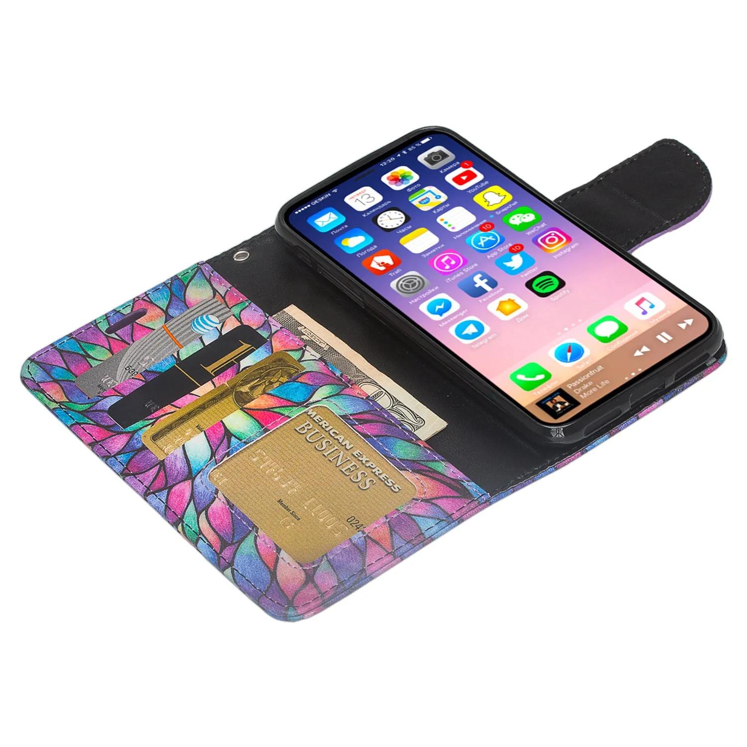 Apple iPhone ??? | iPhone Ten Case, iPhone ??? | iPhone Ten Wallet Case, Slim Flip Folio [Kickstand] Pu Leather Wallet Case with ID & Card Slots & Pocket   Wrist Strap - Rainbow Flower