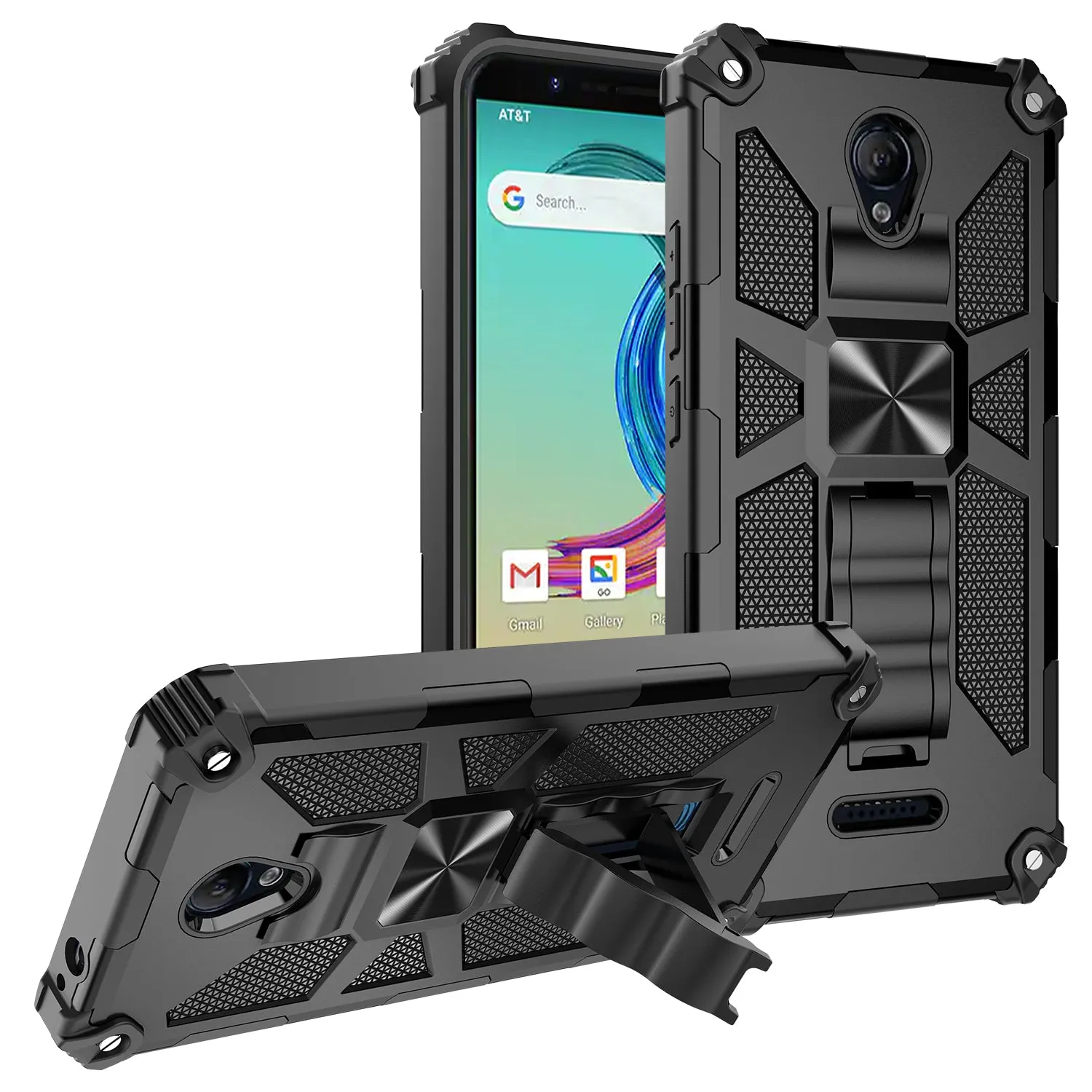 AT&T Fusion Z / Motivate Case [Military Grade] Ring Car Mount Kickstand Hybrid Hard PC Soft TPU Shockproof Protective Case - Black