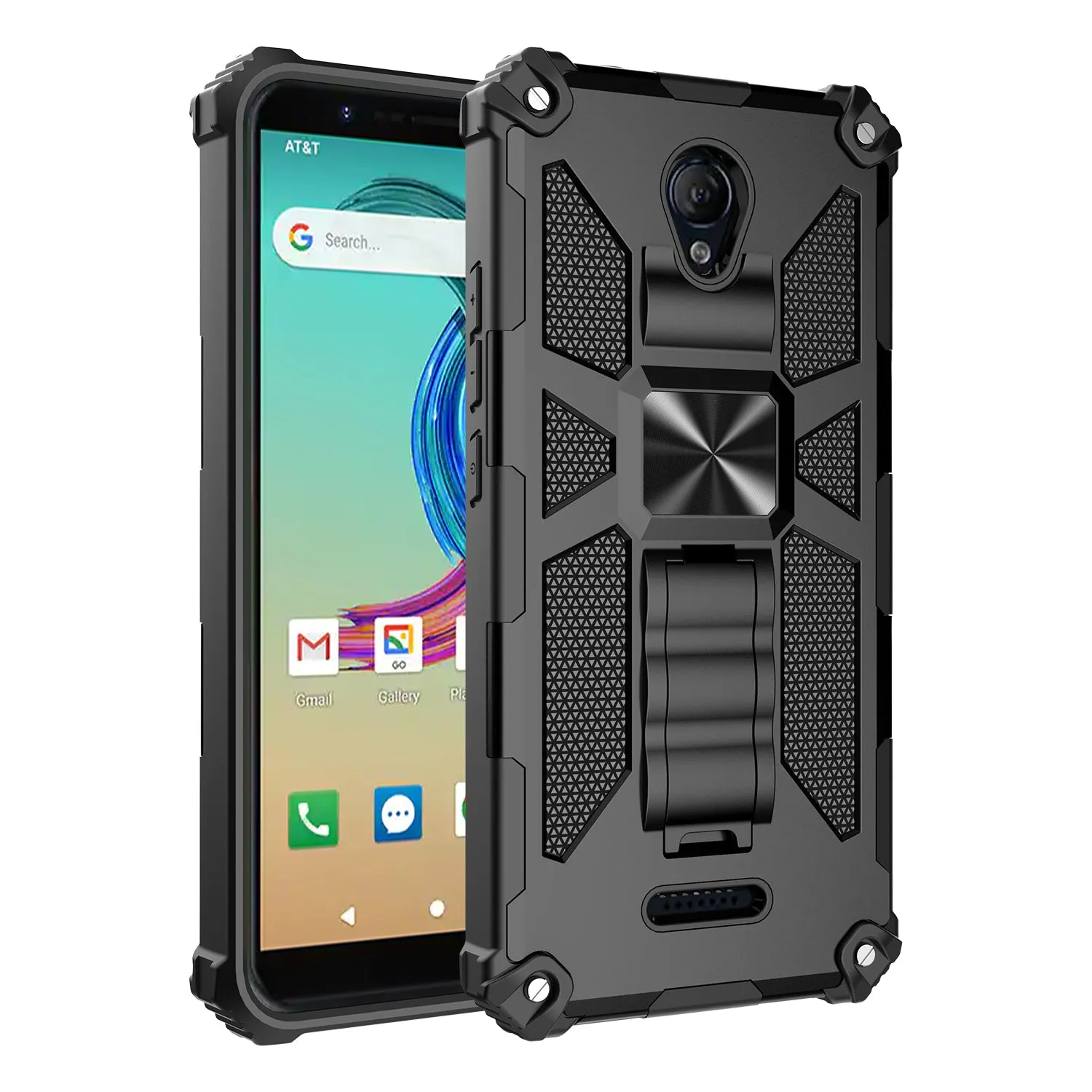 AT&T Fusion Z / Motivate Case [Military Grade] Ring Car Mount Kickstand Hybrid Hard PC Soft TPU Shockproof Protective Case - Black