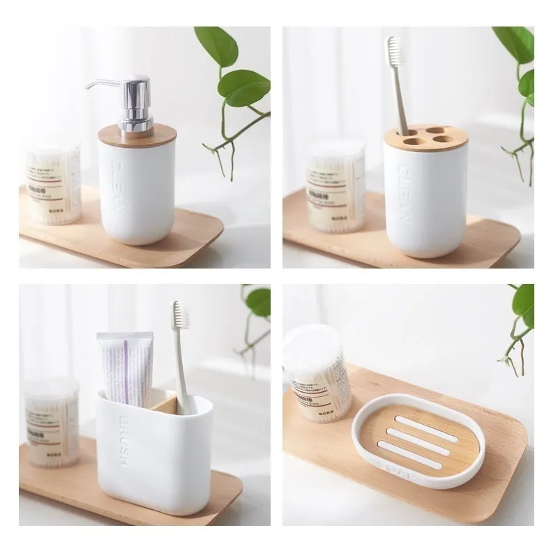 Bamboo Bathroom Set Bathroom Accessories Soap Dispenser Brush Holder Toothbrush Cup