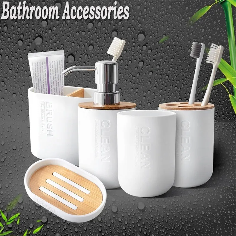 Bamboo Bathroom Set Bathroom Accessories Soap Dispenser Brush Holder Toothbrush Cup