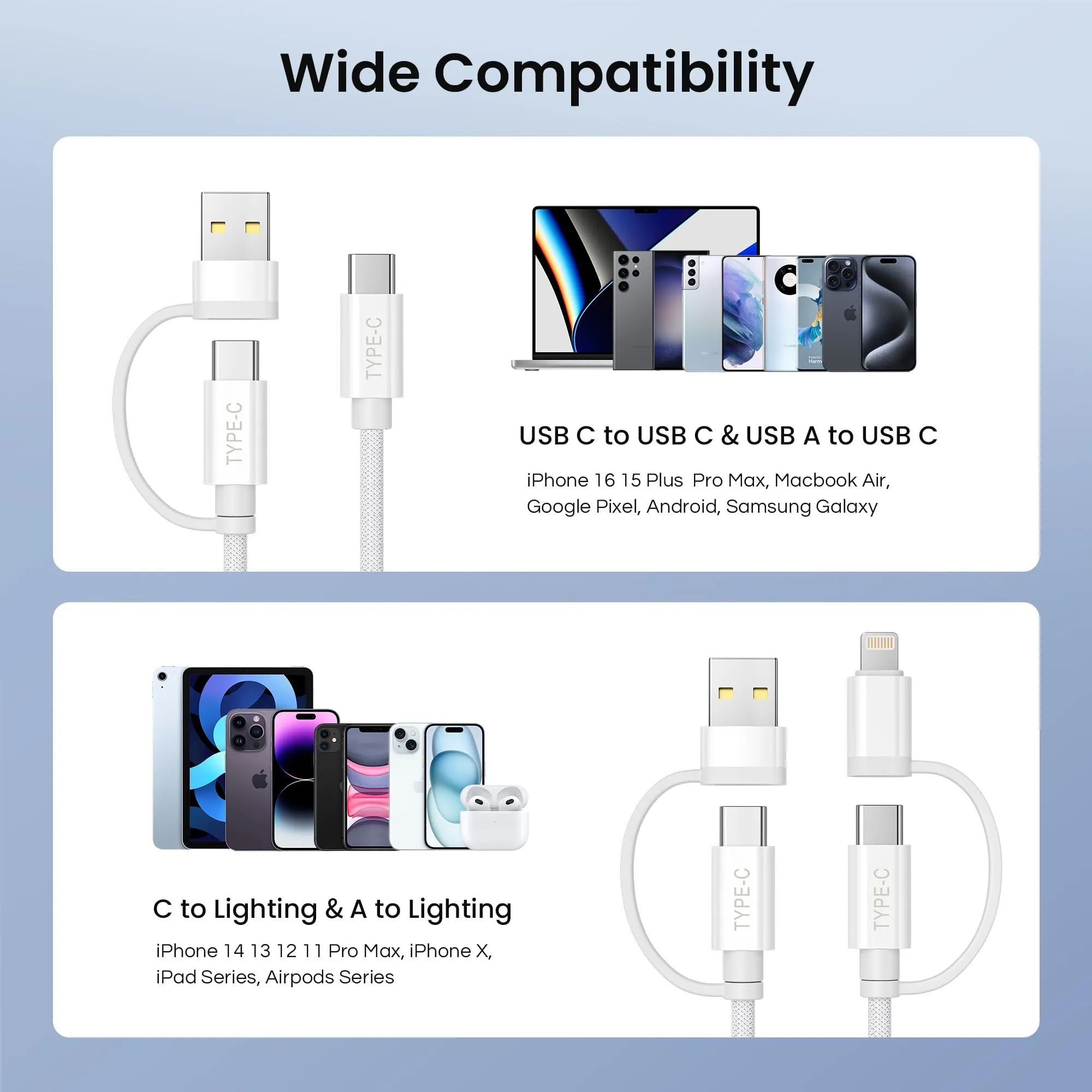 Basesailor Car Charger Cable for iPhone 16 15 Pro,4-in-1 Universal USB C Charging Cord 6.6FT for AirPods 4/4th Generation,60W Multi Charger Cord with USB C/Lightning Adapter for CarPlay,iWatch 10,S24