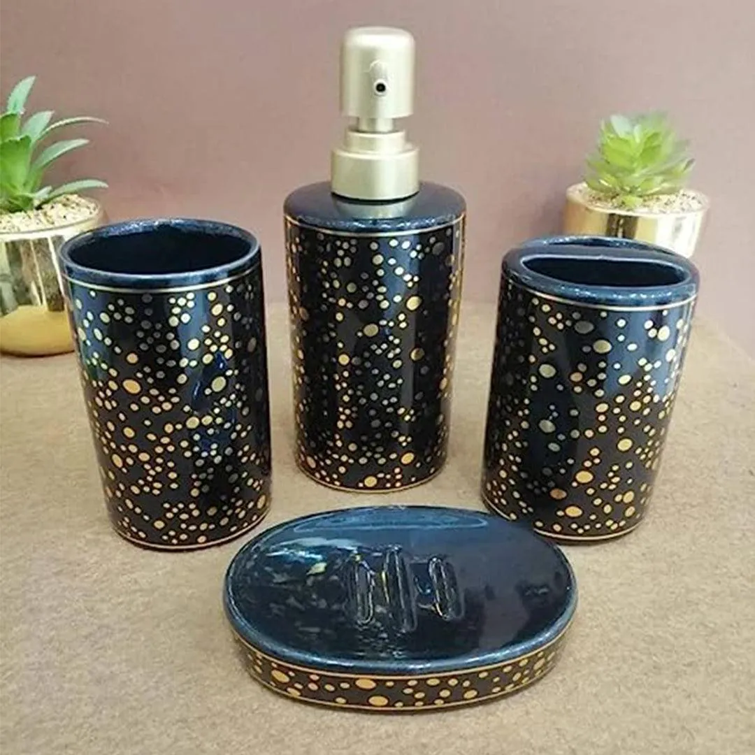 Ceramic Bathroom Set - Gold Dotted - Black