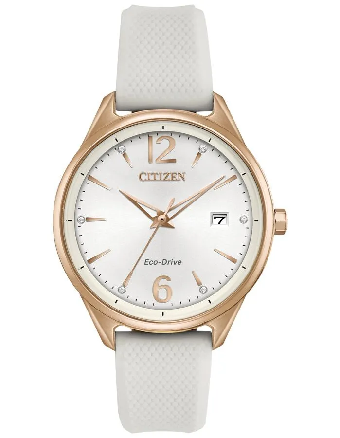 Citizen Eco-Drive Chandler Crystal Watch - Rose Gold-Tone - White Silicone Strap