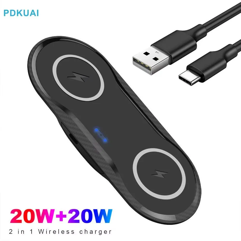 Double 2 in 1 Fast Wireless Charger for Iphone 11 12 13 14 15 XR Airpods Pro 40W Dual Wireless Charging Station for Samsung S24