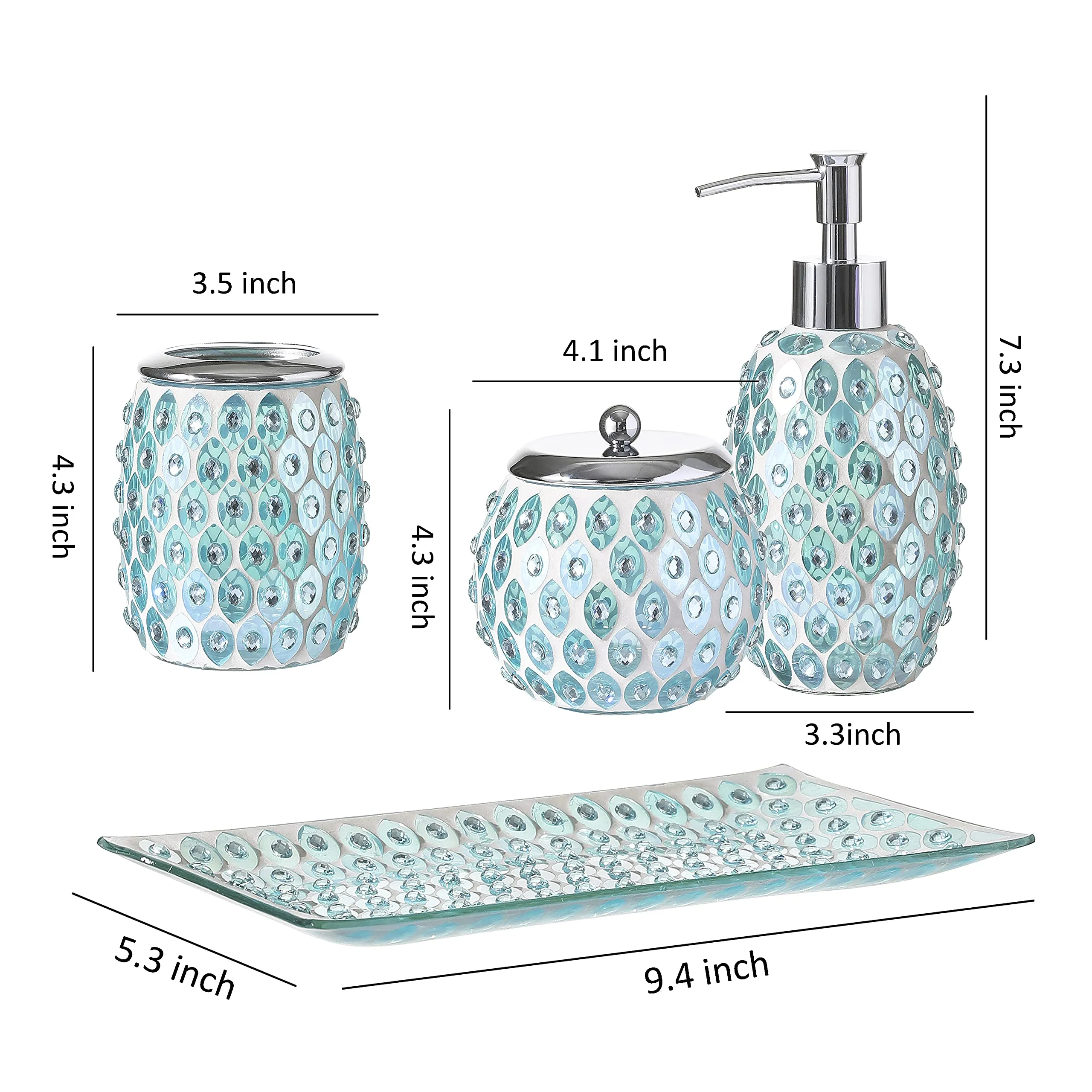 EAST CREEK Whole HOUSEWARES 4-Piece Green Decorative Glass Bathroom Accessories Set, Soap