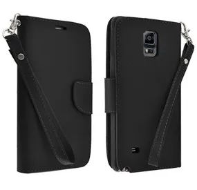 Galaxy Note 4 Case, Wrist Strap Magnetic Fold[Kickstand] Pu Leather Wallet Case with ID & Credit Card Slots for Samsung Galaxy Note 4 - Black