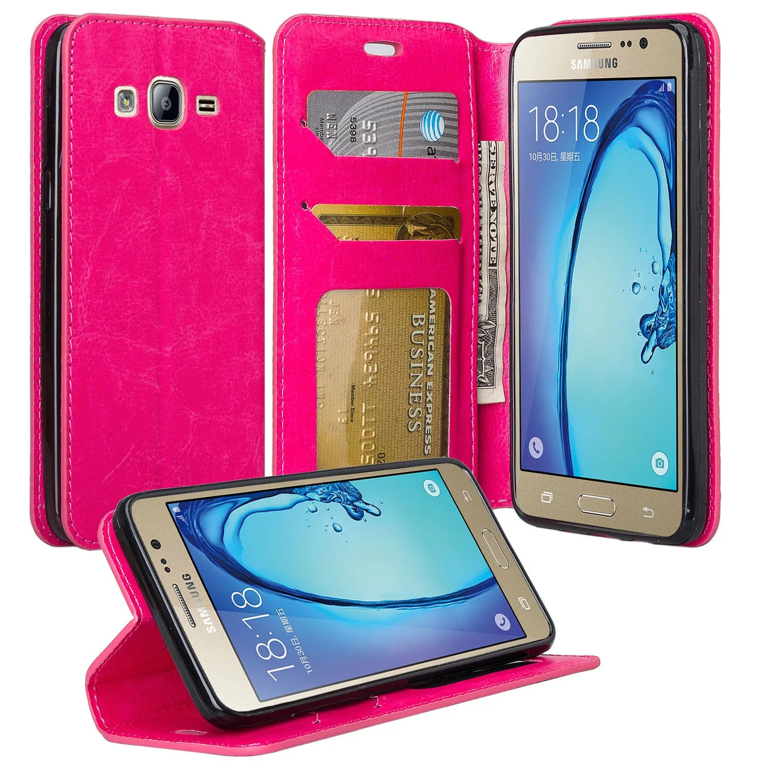 Galaxy On5 Case, Samsung Galaxy On5 Wallet Case, Flip Folio[Kickstand Feature] Pu Leather Wallet Case with ID & Credit Card Slots For Galaxy On5 - Hot Pink