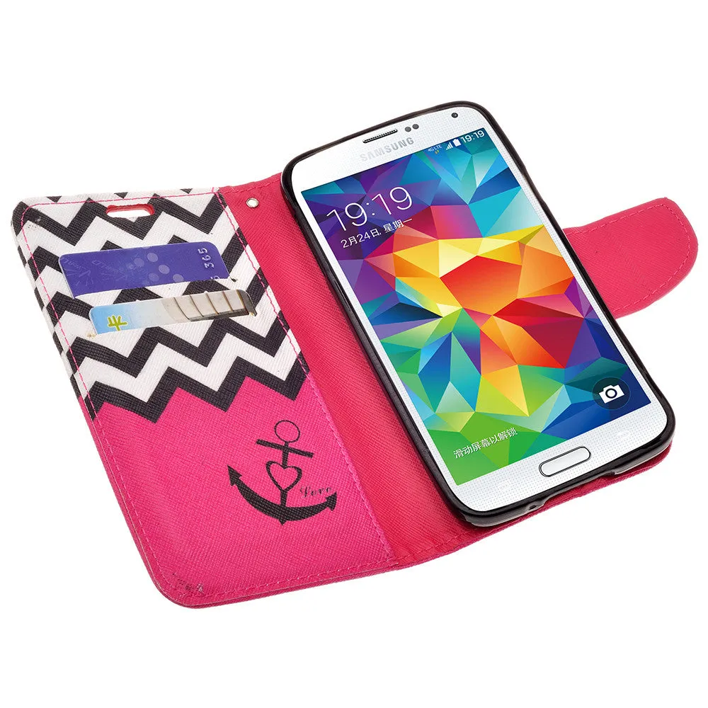 Galaxy S5 Case, Wrist Strap Pu Leather Magnetic Fold[Kickstand] Wallet Case with ID & Card Slots for Samsung Galaxy S5 - Hot Pink Anchor