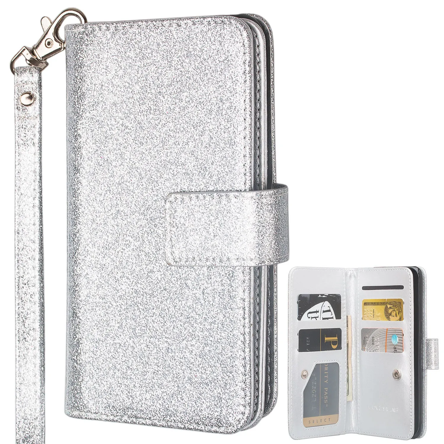 Galaxy S8 Plus Case, Samsung Galaxy S8 Plus Case, Glitter Faux Leather Flip Credit Card Holder Wrist Strap Shockproof Protective Wallet Case Clutch for Samsung Galaxy S8 Plus - Silver