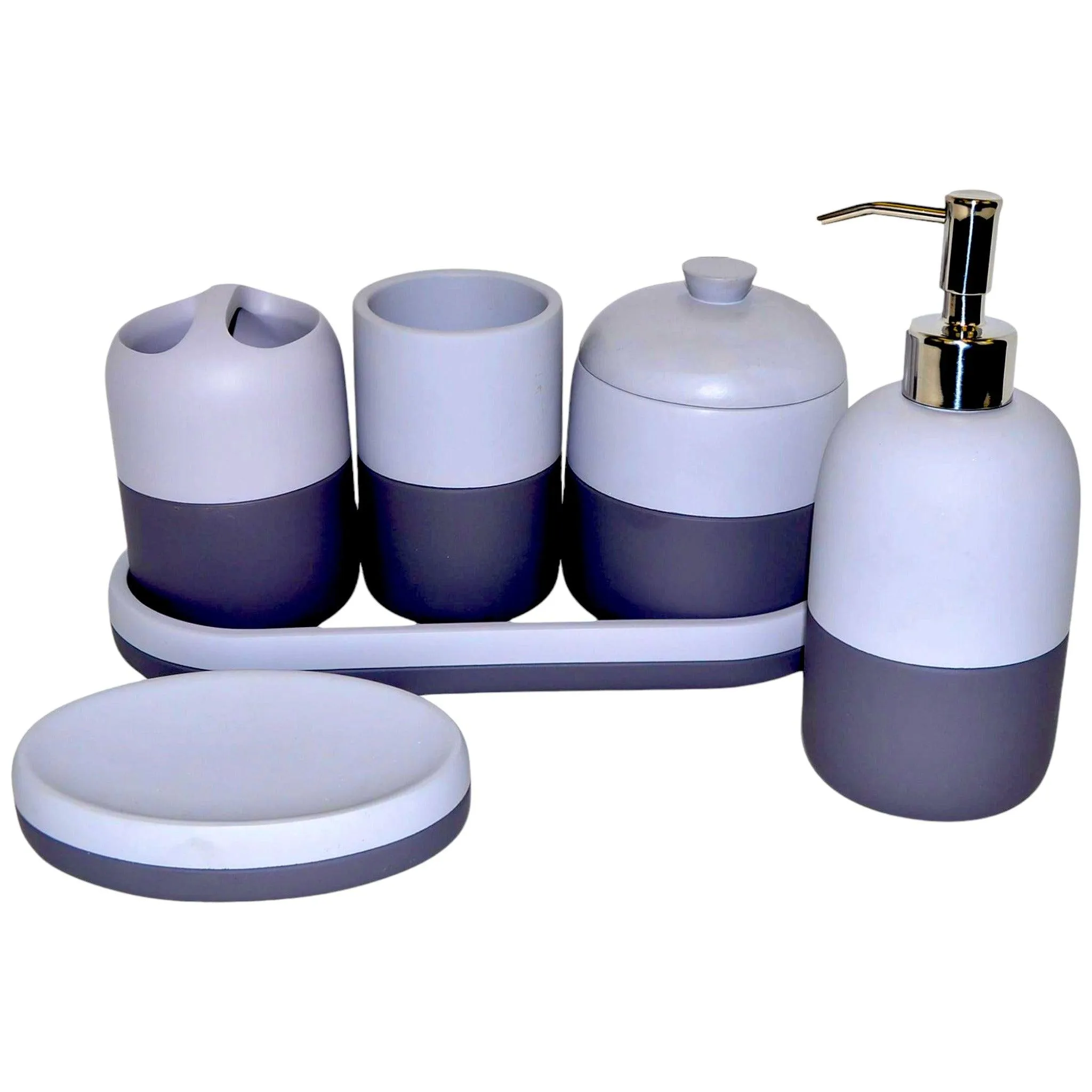 Gray Bathroom Accessories Set with Vanity Tray