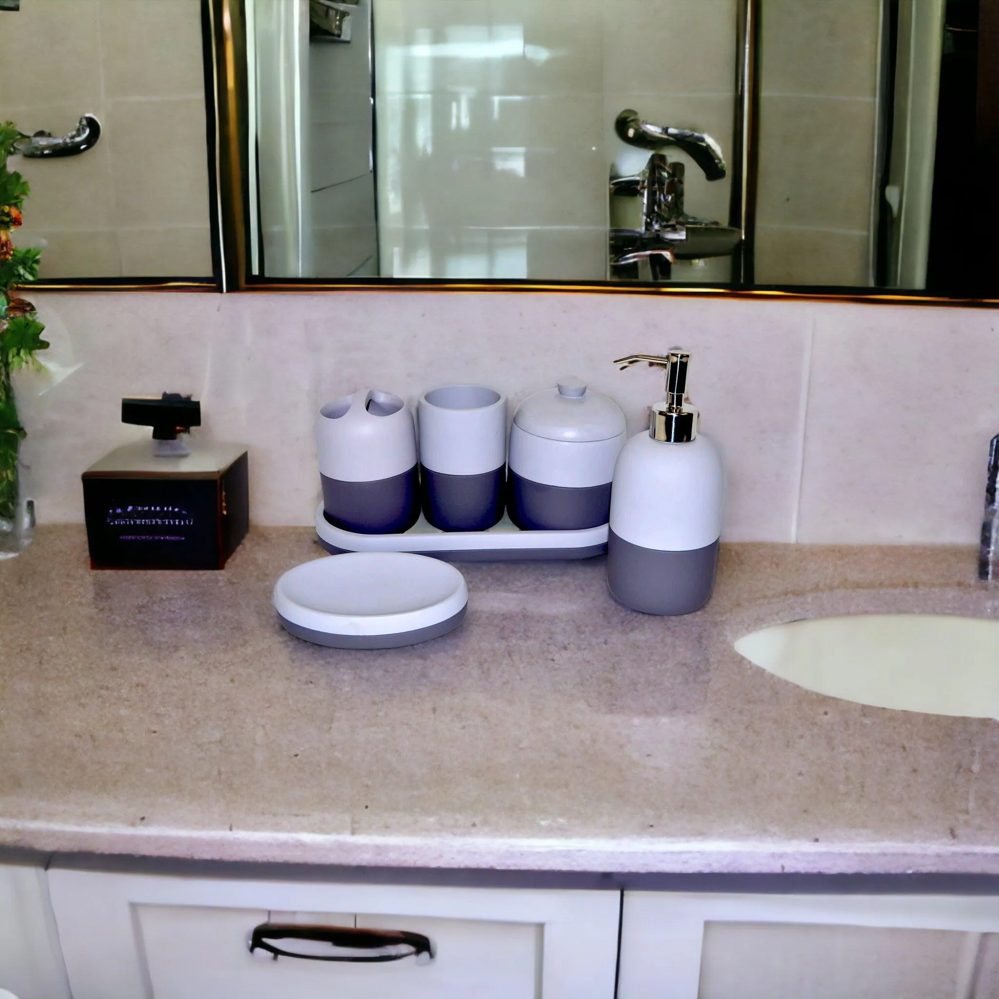 Gray Bathroom Accessories Set with Vanity Tray