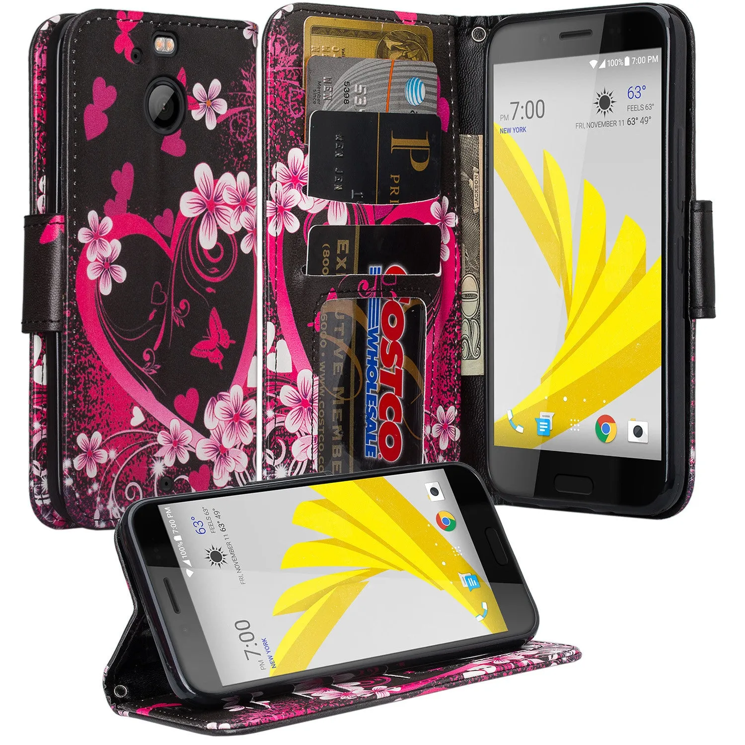 HTC Bolt Case, HTC Bolt Wallet Case, Slim Flip Folio [Kickstand] Pu Leather Wallet Case with ID/Card Slots   Wrist Strap   Pocket - Heart Butterflies