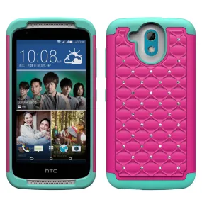 HTC Desire 526 Rhinestone Case , Slim Hybrid Dual Layer[Shock Resistant] Crystal Rhinestone Studded Case Cover - Hot Pink/Teal