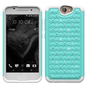 HTC One A9 Rhinestone Case , Slim Hybrid Dual Layer[Shock Resistant] Crystal Rhinestone Studded Case Cover - Baby Teal/White