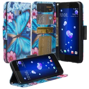 HTC U11 Case, U11 Wallet Case, Wrist Strap Pu Leather Wallet Case [Kickstand] with ID & Credit Card Slots - Blue Butterfly