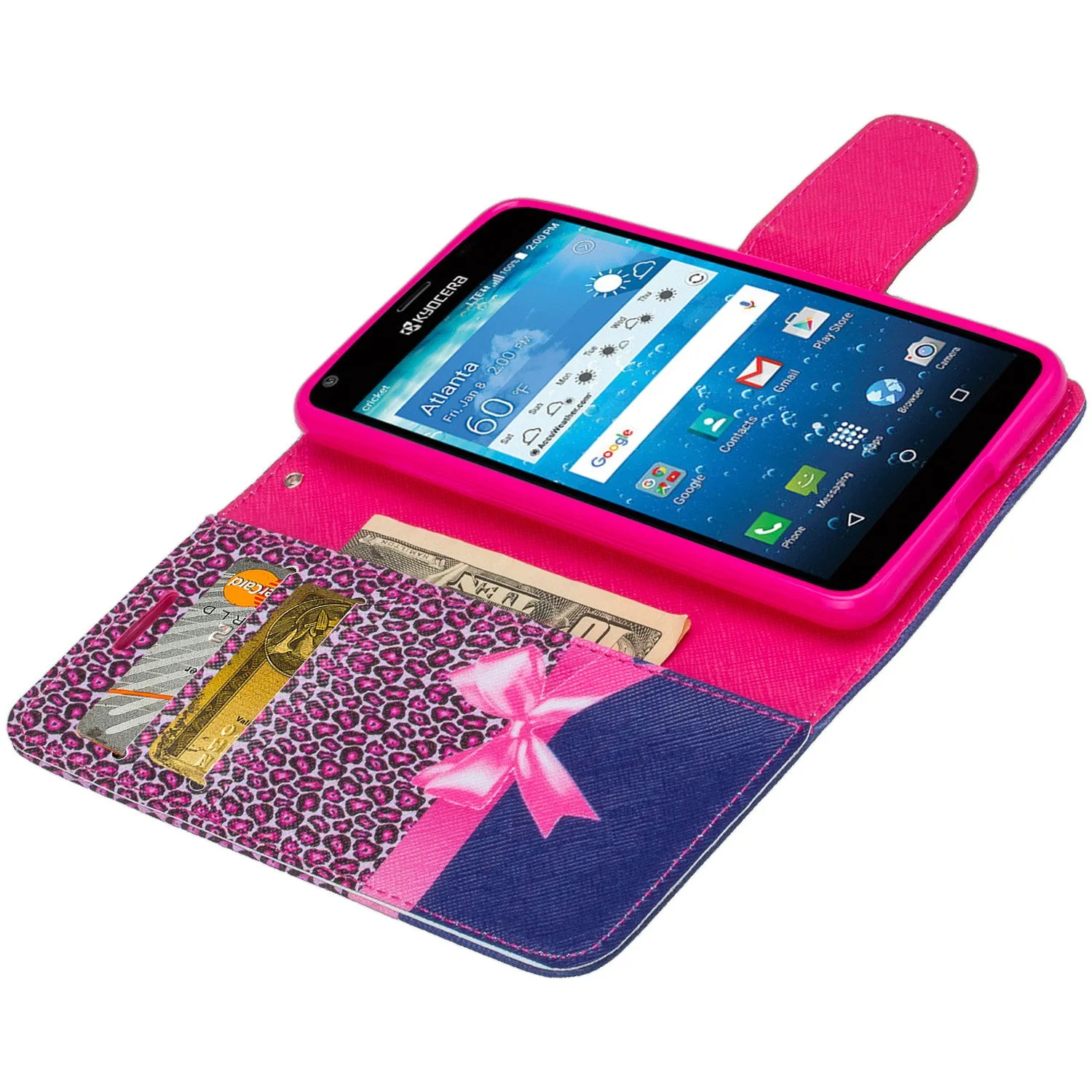 Kyocera Hydro View Wallet Case, Wrist Strap Pu Leather Magnetic Flip Fold[Kickstand] with ID & Card Slots for Kyocera Hydro View - Cheetah Prints