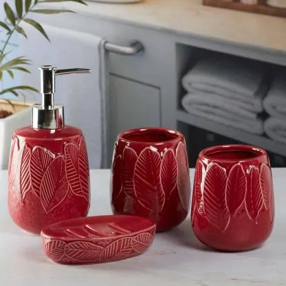 Leaf Ceramic Bathroom Set - Cherry Red