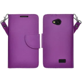 LG F60 | Optimus F60 | MS395 | D390N Case, Wrist Strap Flip Folio [Kickstand Feature] Pu Leather Wallet Case with ID & Credit Card Slots - Purple