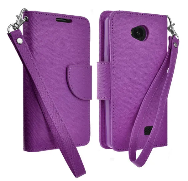 LG F60 | Optimus F60 | MS395 | D390N Case, Wrist Strap Flip Folio [Kickstand Feature] Pu Leather Wallet Case with ID & Credit Card Slots - Purple