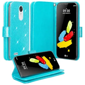 LG K10 (2018) Case, K30, Premier Pro, K10 Plus, Phoenix Plus, Xpression Plus, K10α, X4 Plus, X410, MS245, Wrist Strap Glitter Leather Flip Kickstand Protective Wallet Cover Clutch - Teal