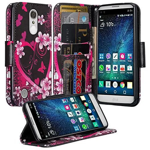 LG K4 (2017) | LG Fortune | LG Phoenix 3 Case, Wrist Strap Magnetic Fold[Kickstand] Pu Leather Wallet Case with ID & Credit Card Slots - Heart Butterflies